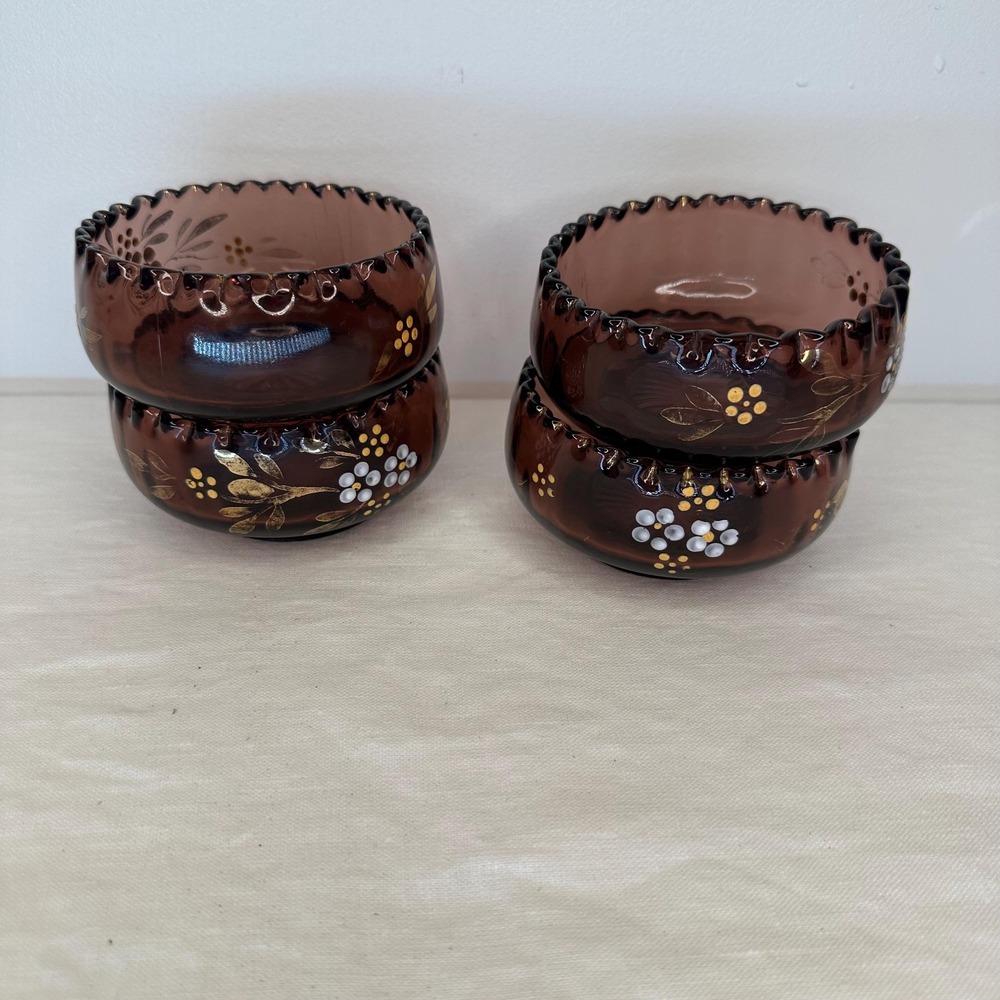 Vintage Northwood Amethyst Alaska Glass Berry Bowls Hand Painted Floral Set of 4